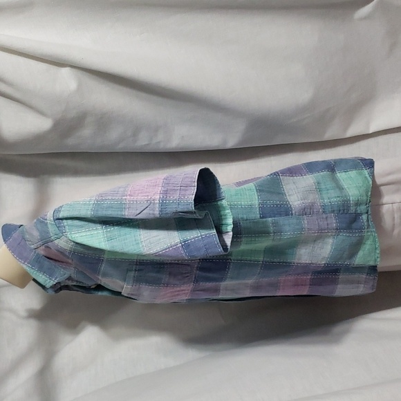 Keren Hart. Teal/Blue/Purple/Pink Plaid; Button up; Short Sleeve Top Size XL EUC - Picture 6 of 15